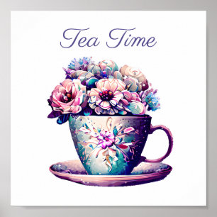 Tea Time   Söt Vintage Tea Kopp fullt Flowers Poster