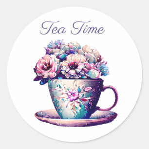 Tea Time Söt Vintage Tea Kopp fullt Flowers Runt Klistermärke