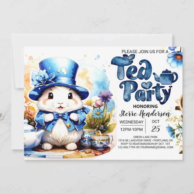 Tea Time Svan Blue Bunny Baby Shower Inbjudningar (Framsida)