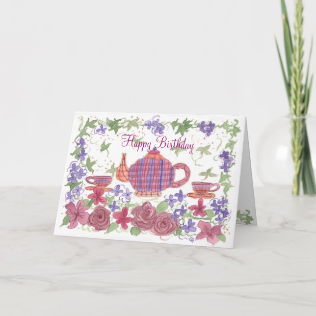 Tea Time Tekanna and Flowers Birthday Card Kort (Framsida)