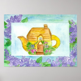 Tea Time Tekanna Lilac Watercolor Flowers Cottage Poster