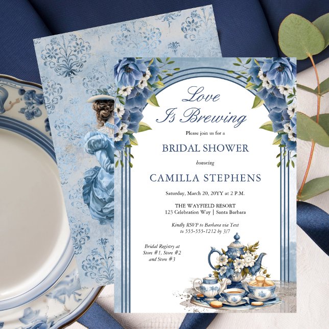 Tea-visningsprogram för elegant Blue Blommigt Möhi Inbjudningar (Elegant Blue Floral Tea Set Bridal Shower Tea Party Invitation)