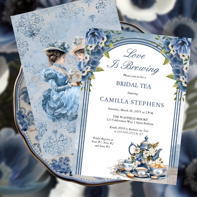 Tea-visningsprogram för elegant Blue Blommigt Möhi Inbjudningar (Elegant Blue Floral Tea Set Bridal Shower Tea Party Invitation)