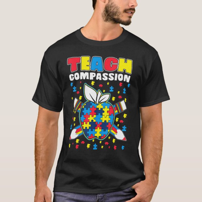 Teach Compassion Puzzle Piece Teacher Autism Aware T Shirt (Framsida)