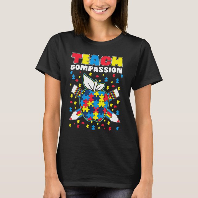 Teach Compassion Puzzle Piece Teacher Autism Aware T Shirt (Framsida)