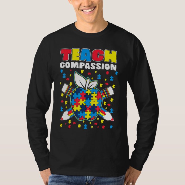 Teach Compassion Puzzle Piece Teacher Autism Aware T Shirt (Framsida)