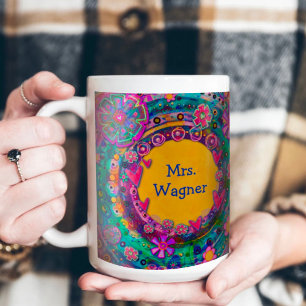 Teach Inspire Söt Blommigt Teacher Namn Kaffemugg