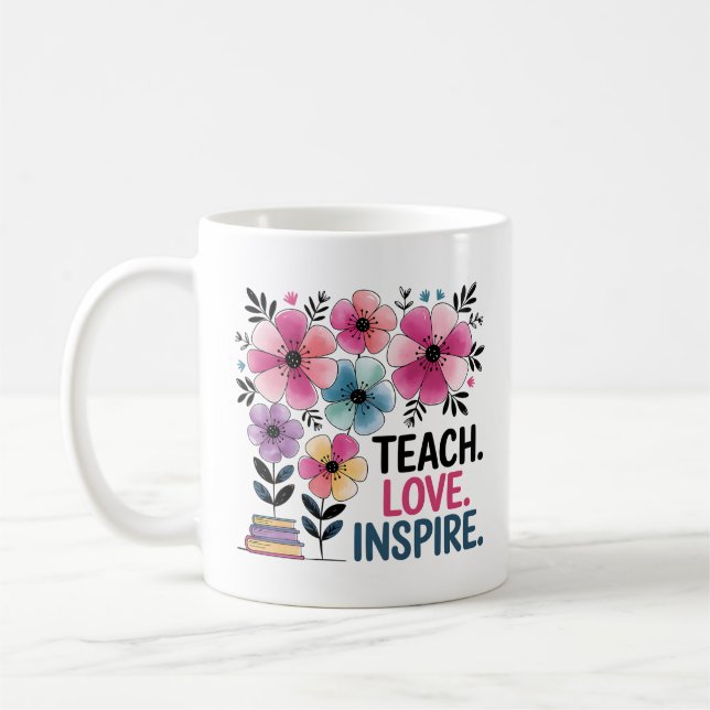 Teach Kärlek Inspire Mugg | Blommigt Teacher Coffe (Vänster)