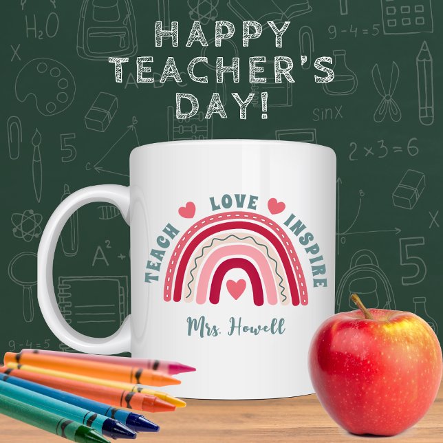 Teach Kärlek Inspire Rainbow Teacher-uppskattning Kaffemugg (Personalized Teacher's  Mug. Teach, Love, Inspire with Boho Rainbow and Hearts. )