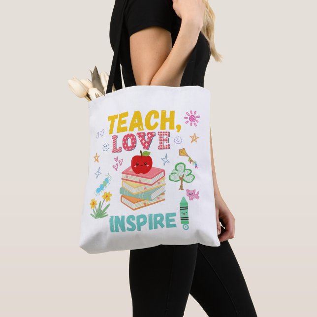 Teach, Kärlek, Inspire Tote Bag Perfekt för lärare Tygkasse (Närbild)