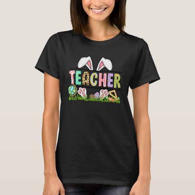 Teacher Bunny Ears Leopard Pink Plaid Rabbit Eggs  T Shirt (Framsida)