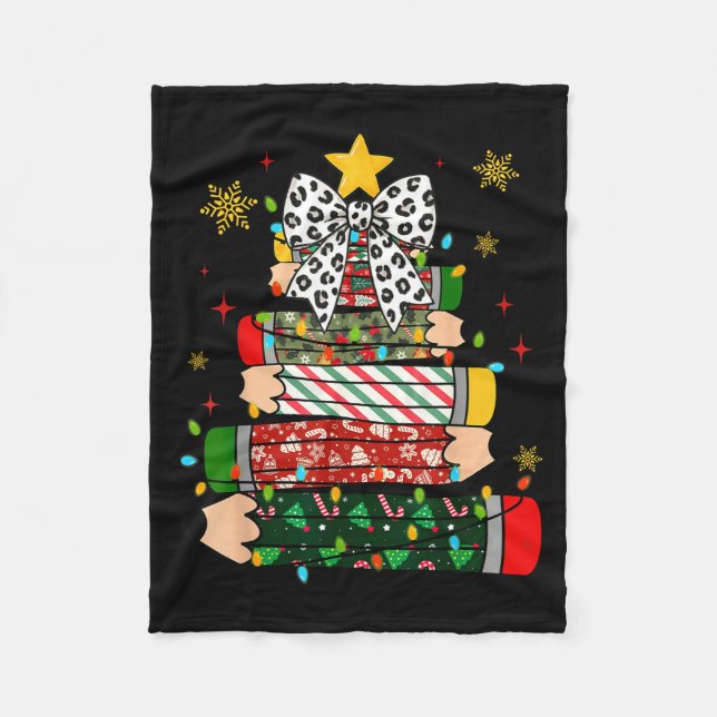 Teacher Christmas Tree Lights Pencil Leopard Print Fleecefilt (Framsidan)