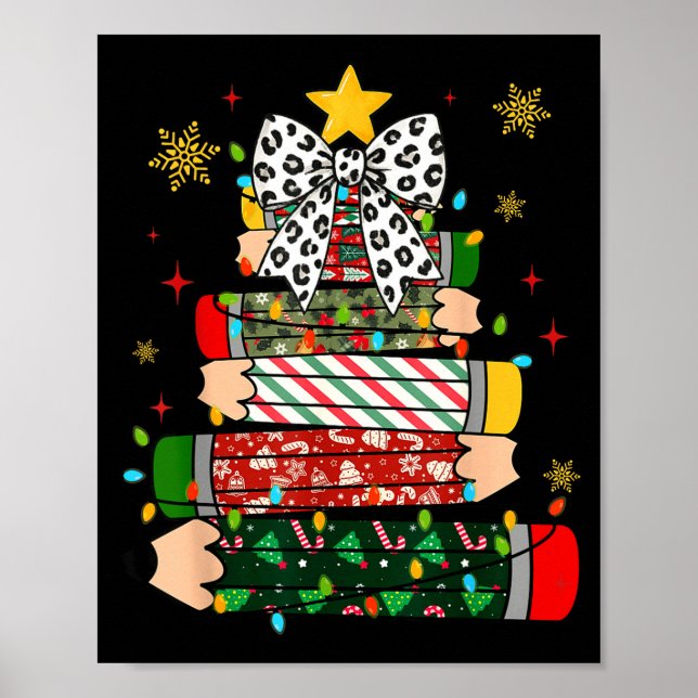 Teacher Christmas Tree Lights Pencil Leopard Print Poster (Framsidan)