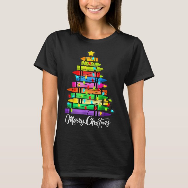 Teacher Crayon Merry Christmas Tree Lights School  T Shirt (Framsida)