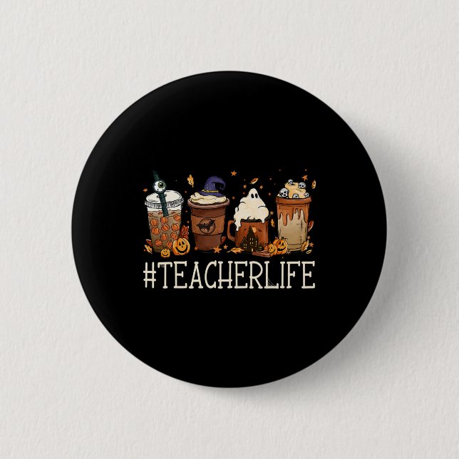 Teacher Horror Fall Coffee Spooky Halloween Pumpki Knapp (Framsida)