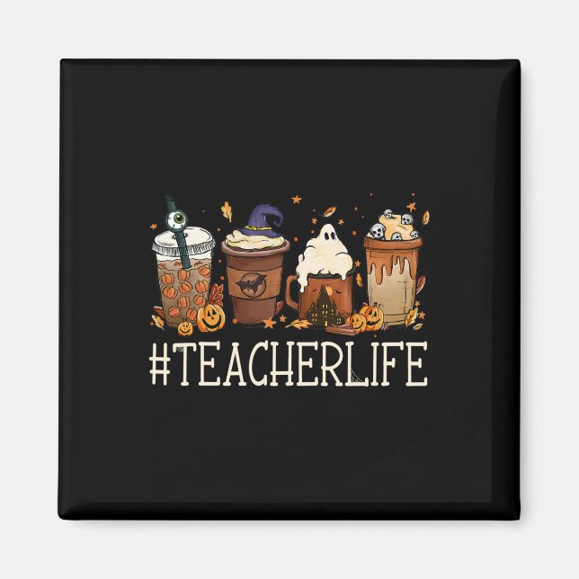 Teacher Horror Fall Coffee Spooky Halloween Pumpki Magnet (Framsidan)