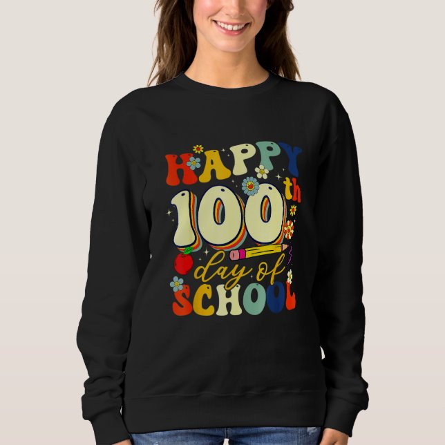 Teacher Kids Retro Groovy 100 Days Happy 100th Day T Shirt (Framsida)
