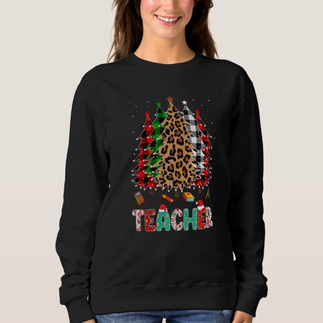 Teacher Leopard Red White Green Plaid Christmas Tr T Shirt (Framsida)
