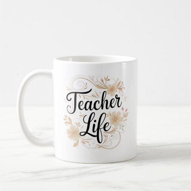 Teacher Life Floral Typography Design Kaffemugg (Vänster)