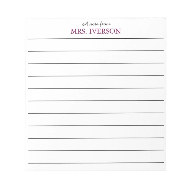 teacher Notepads Simple lined paper "a note from" Anteckningsblock (Framsida)