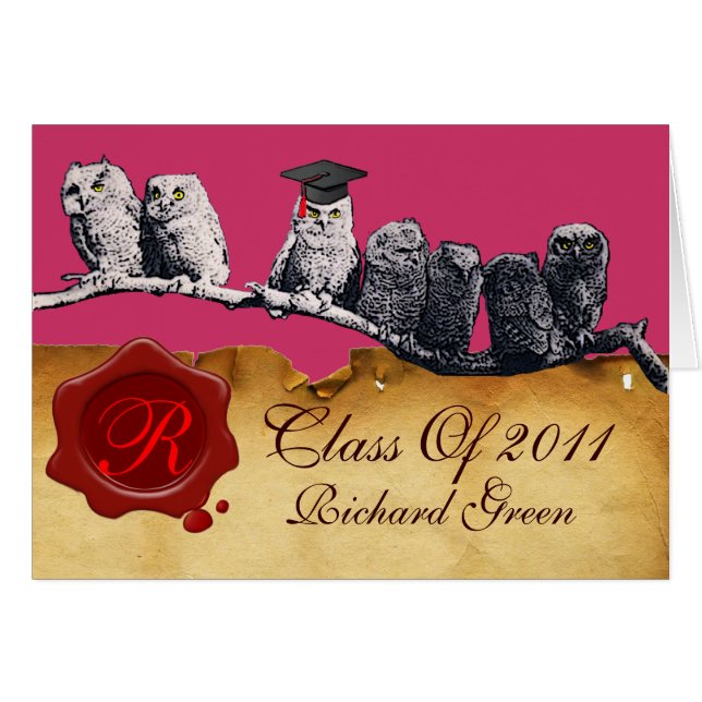 TEACHER OWLGRADUATION PARCHMENT VAX SEAL MONOGRAM HÄLSNINGSKORT (Framsidan Horizontal)