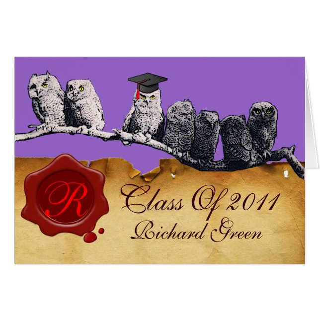 TEACHER OWLGRADUATION PARCHMENT VAX SEAL MONOGRAM HÄLSNINGSKORT (Framsidan Horizontal)