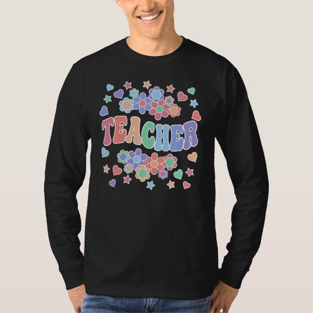 TEACHER-Retro Groovy, blommor, örter, stjärnor T Shirt (Framsida)