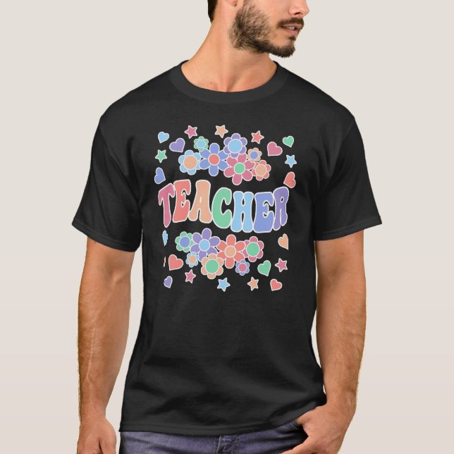 TEACHER-Retro Groovy, blommor, örter, stjärnor T Shirt (Framsida)