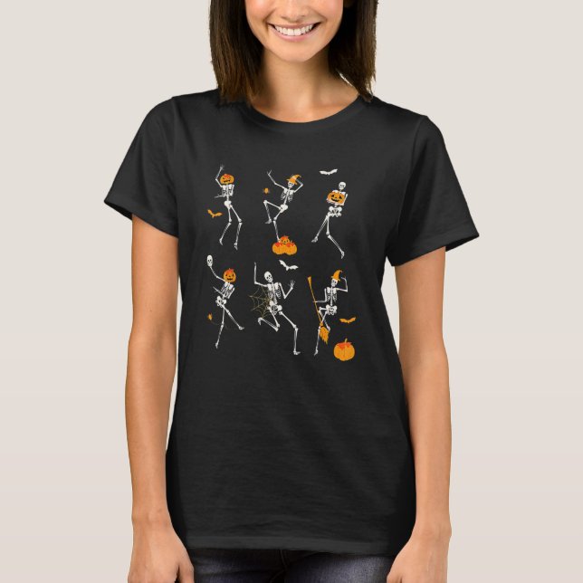 Teacher Squad Retro Halloween Skeleton Dance Pumpk T Shirt (Framsida)