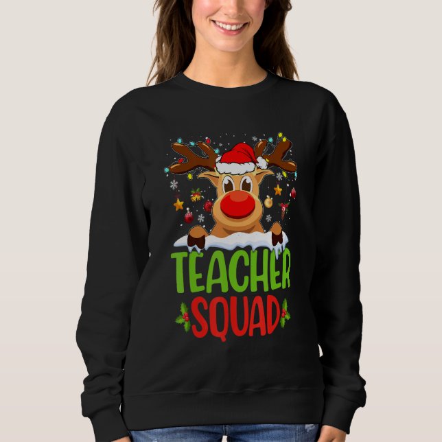 Teacher Squad Santa Reindeer Christmas Lights Xmas T Shirt (Framsida)