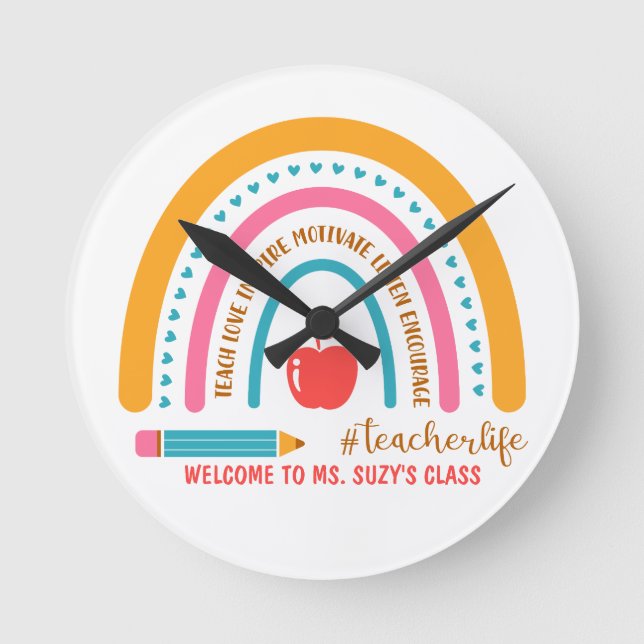 #Teacherlife Rainbow Personlig Classroom Rund Klocka (Framsida)