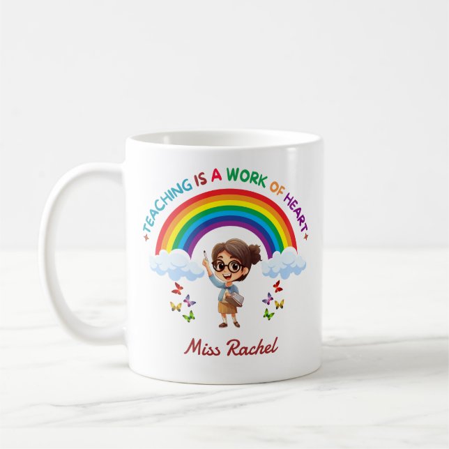 Teaching Is a Work of Heart Cute Rainbow Teacher Kaffemugg (Vänster)