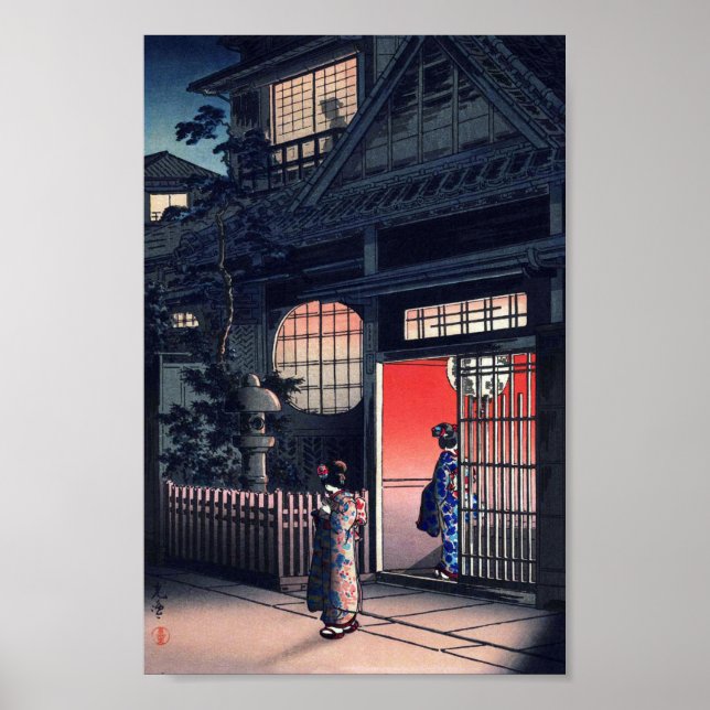 Teahouse på natten, Tsuchiya Koitsu, Woodcut Poster (Framsidan)