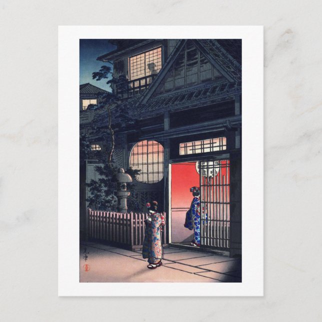 Teahouse på natten, Tsuchiya Koitsu, Woodcut Vykort (Framsida)