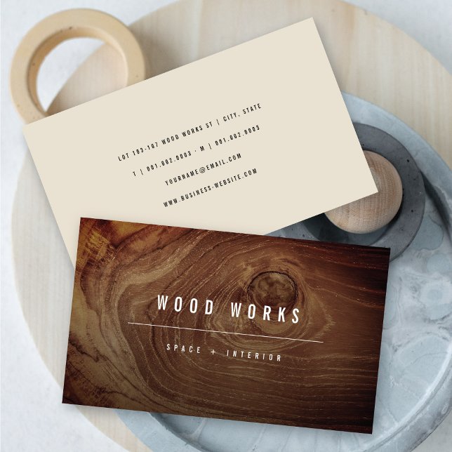 Teak Wood Grain Photo Minimalist Inredingsdesign Visitkort (Teak Wood Grain Photo Modern Minimalist Interior Design Business Card @ zazzle.com/color_therapy)