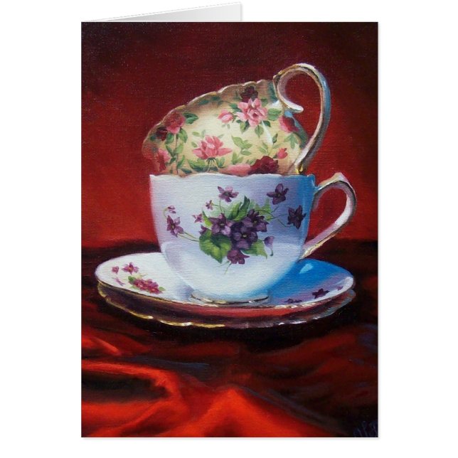 Teakoppar och röd satäng hälsningskort (Framsidan)