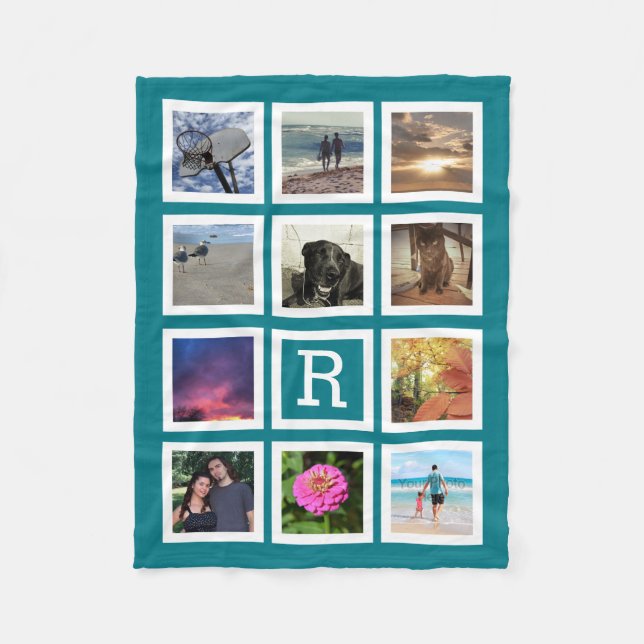 Teal 11 Photo Collage Mosaic Square Ram Monogram Fleecefilt (Framsidan)