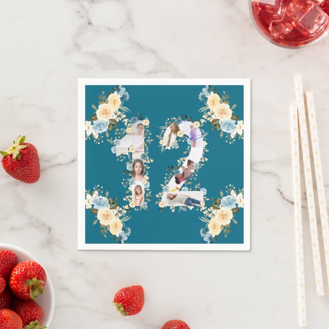 Teal 12:e Birthday Photo Collage Gult Flower Pappersservett (Insitu)