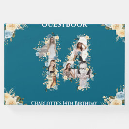 Teal 14:e födelsedag Fotokollage Gult blomma Gästböcker