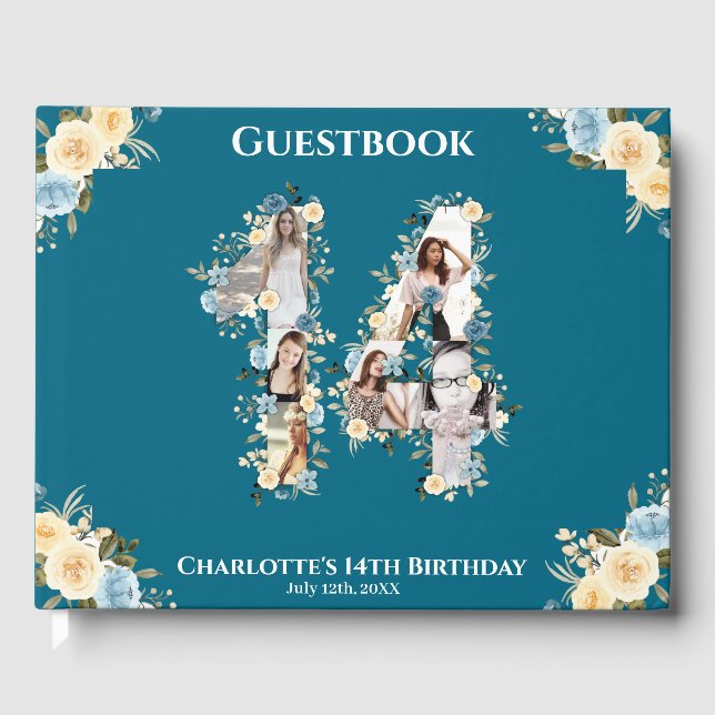 Teal 14:e födelsedag Fotokollage Gult blomma Gästböcker (Framsida)