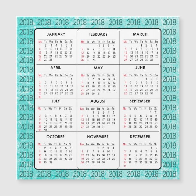 Teal 2018 Calendar Square Magnetic Card (Framsida)