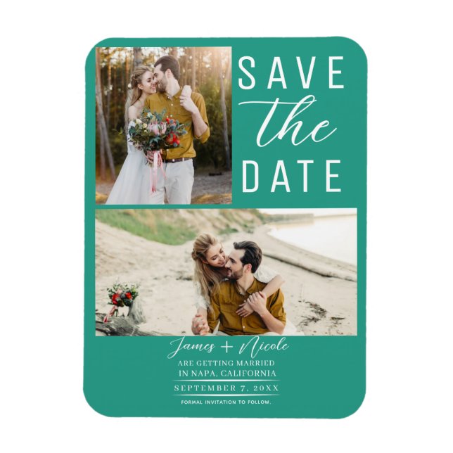 Teal 2 Photos Save Date Bröllop Magnet (Vertikal)