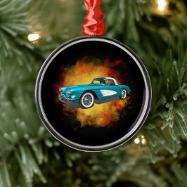 Teal 59 Corvette Car Red Explosion-bakgrund Julgransprydnad Metall