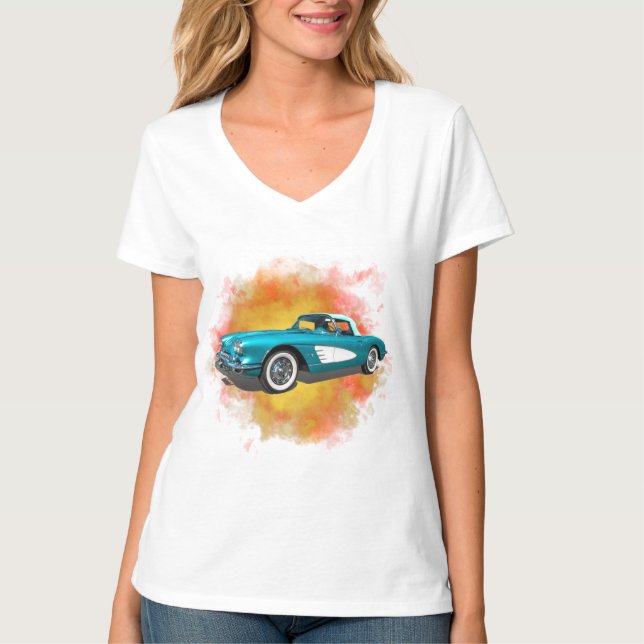 Teal 59 Corvette Car Red Explosion-bakgrund T Shirt (Framsida)