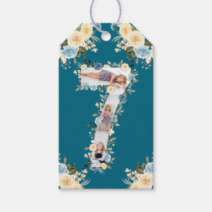 Teal 7:e Birthday Photo Collage Blue Gult Flower Presentetikett