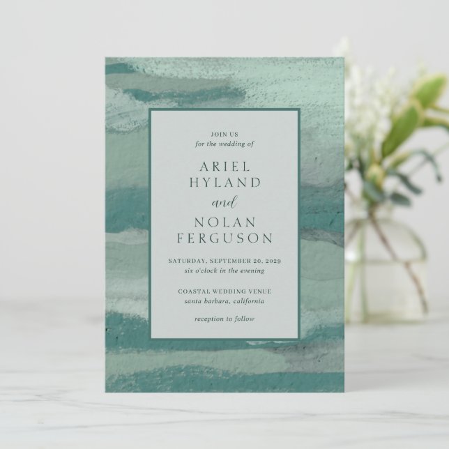 Teal Absract Coastal Chic Modern Bröllop Inbjudningar (Stående Fram)