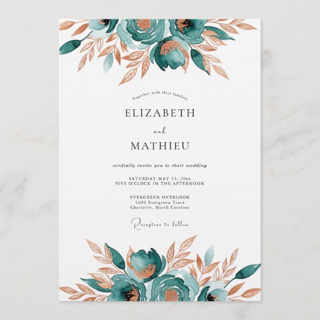 Teal Abstract Floral Romance Wedding Inbjudningar (Framsida)