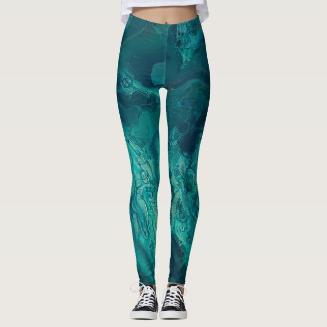 Teal Acrylic Poring Abstrakt Fluid Art Leggings (Framsida)