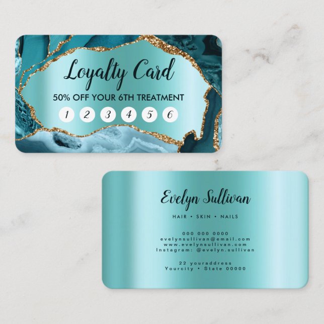 Teal Agate Faux Pearlescent Foil Loyalty Card Visitkort (Fram/baksida)