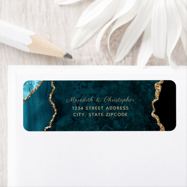 Teal Agate Guld Glitter Bröllop Returadress Returadress Etikett (Insitu)